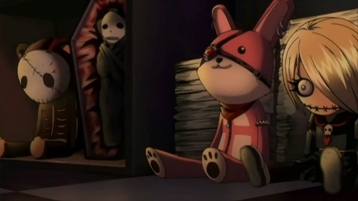 Teddy bear with skull face, vampire in a coffin, pink cyborg bunny with piercings, schoolgirl with stitched lips wearing a skull