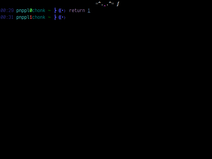 Screenshot of terminal emulator. There's text art of a cat at the top. The prompt ends with text art of a fish.